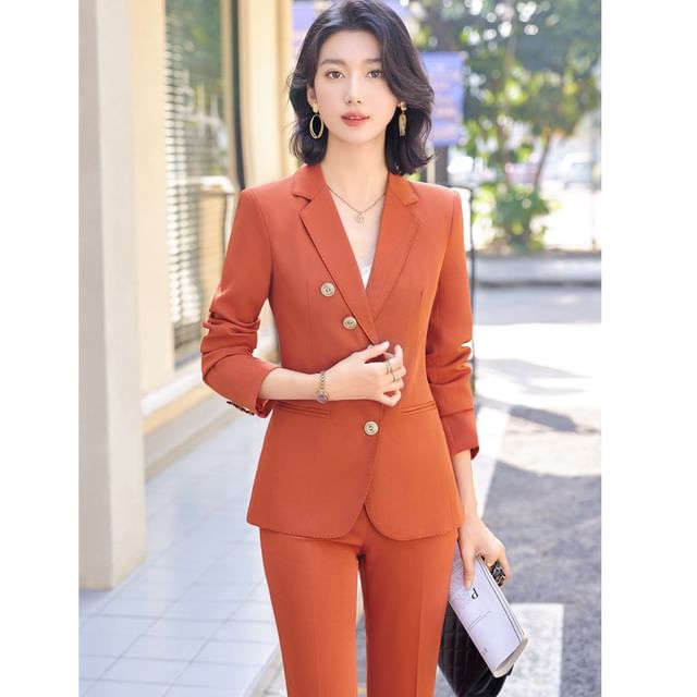 Skyheart-Lapel Collar Plain Single-Breasted Blazer Mid Rise Cropped Straight Leg Dress Pants Set