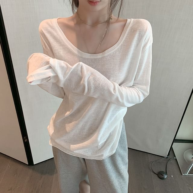 Shinsei-Long-Sleeve Scoop Neck Plain Tee