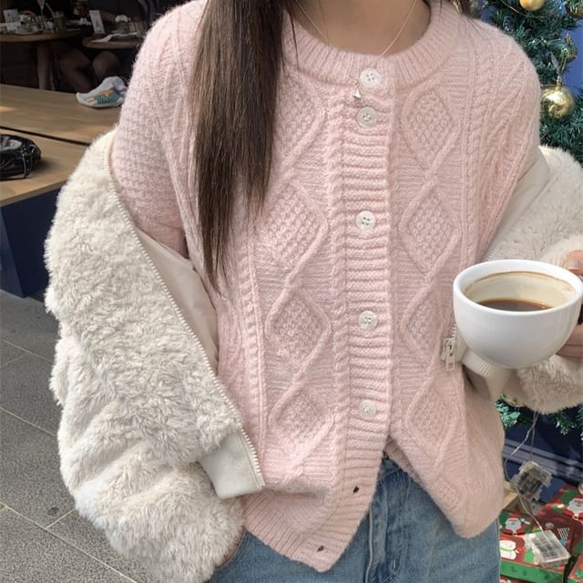 Beem-Crew Neck Plain Cable Knit Cardigan