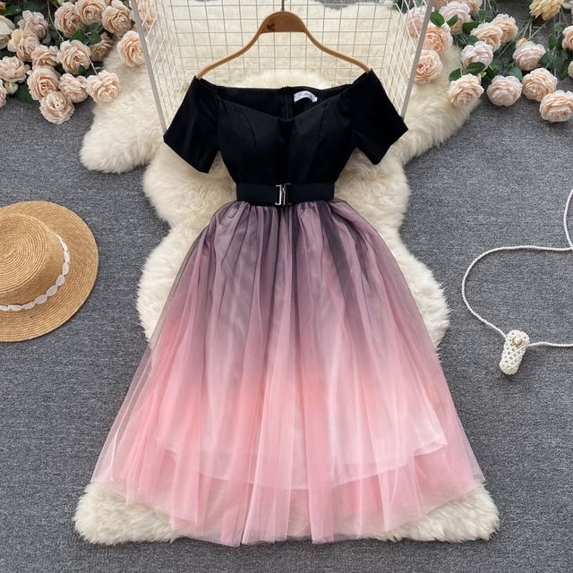 Lucuna - Short-Sleeve Off-Shoulder Gradient A-Line Dress | YesStyle