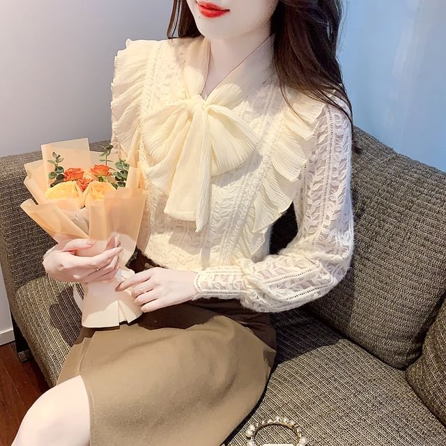 Dragan Pulse-Long-Sleeve Tie-Neck Plain Lace Blouse