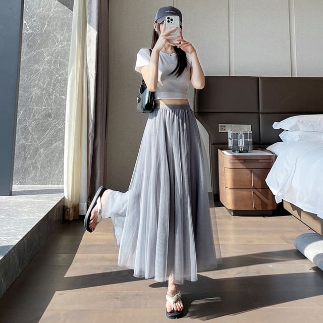 Dragan Pulse - High Waist Plain Mesh Panel Maxi A-Line Skirt