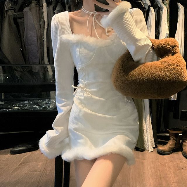 Faux Fur Trim Long-Sleeve Mini Dress ...