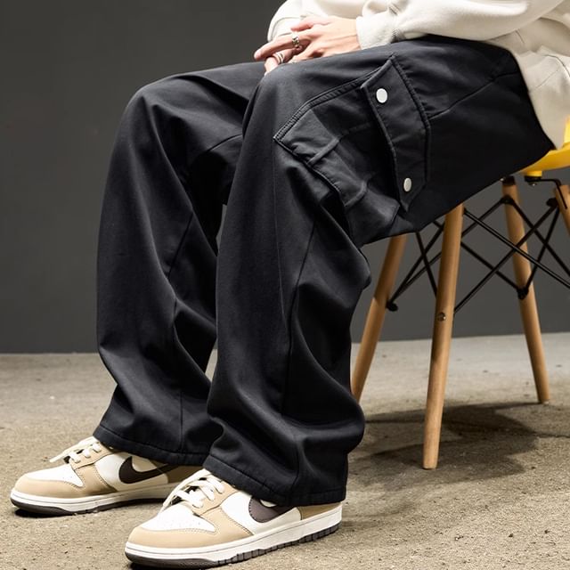 Redsinc-Mid Rise Plain Wide Leg Cargo Pants