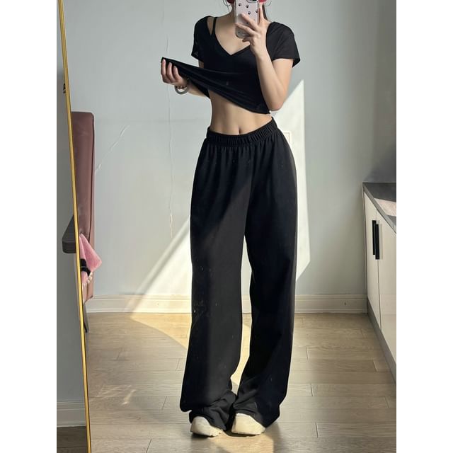 Ulark-Elastic Waist Plain Wide Leg Pants