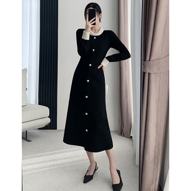 navy blue knitted dress long sleeve Bianca Ponte Knit Dress Long Sleeve – Chloe Kristyn main image 1