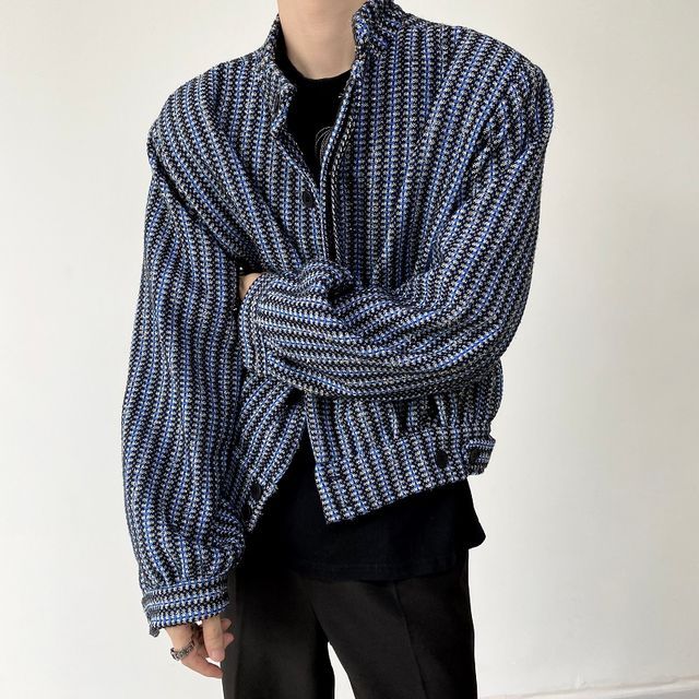 Bjorn Stand Collar Check Woolen Crop Jacket YesStyle