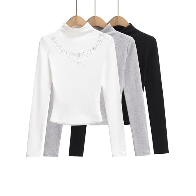 Ulark-Long-Sleeve Mock Neck Rhinestone Crop Top
