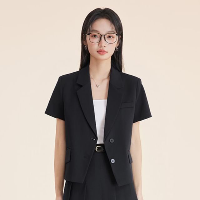 Princess Min-Short-Sleeve Lapel Collar Plain Single Breasted Blazer High Waist Plain Midi Pleated A-Line Skirt