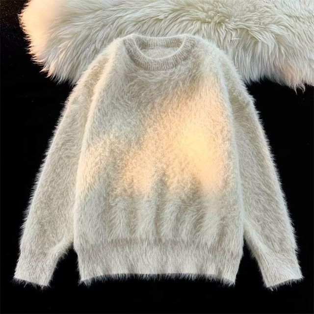 Koiyua-Crew Neck Plain Fluffy Sweater