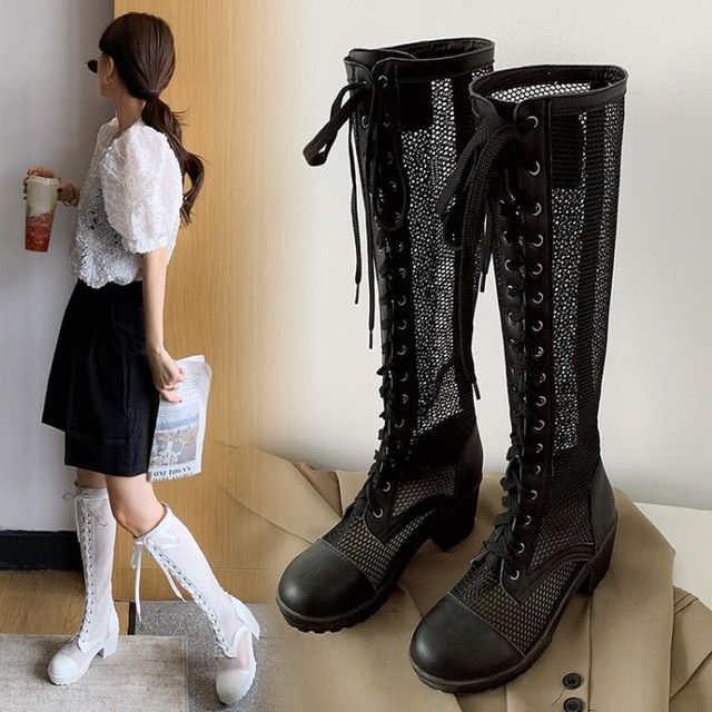 Freesia-Lace Up Block-Heel Mesh Tall Boots