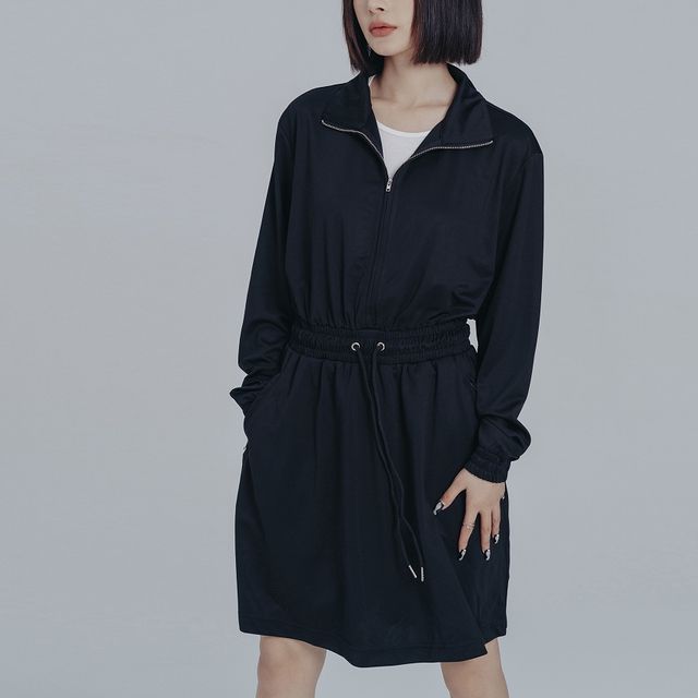 SIMPLE BLACK - Long-Sleeve Zip Neck Tie Waist Mini Dress | YesStyle