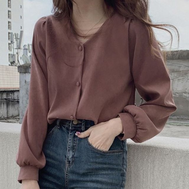 PINPI-Plain V-Neck Light Blouse