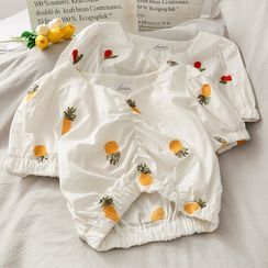 Lemongrass - Fruit-Embroidered V-Neck Crop Blouse Lemongrass - Fruit-Embroidered V-Neck Crop Blouse