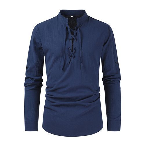 Long-Sleeve Stand Collar Tie-Strap Plain Shirt