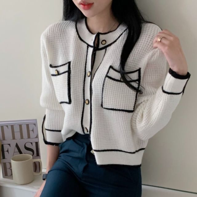 MIKIGA-Crew Neck Contrast Trim Button-Up Crop Cardigan
