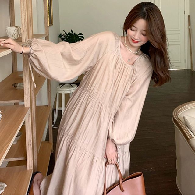 chinese dress ladies Zapaka Women Ivory Round Neck Midi Engagement Dress with Ruffles A Line Long Sleeve Tiered Wedding Reception Dress, Ivory / US8 main image 0