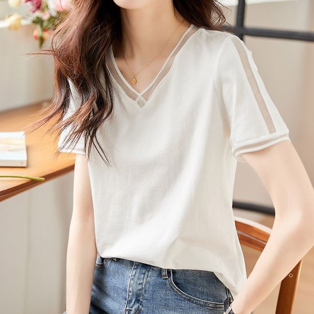Dragan Pulse-Short-Sleeve V-Neck Plain Panel Mesh Top