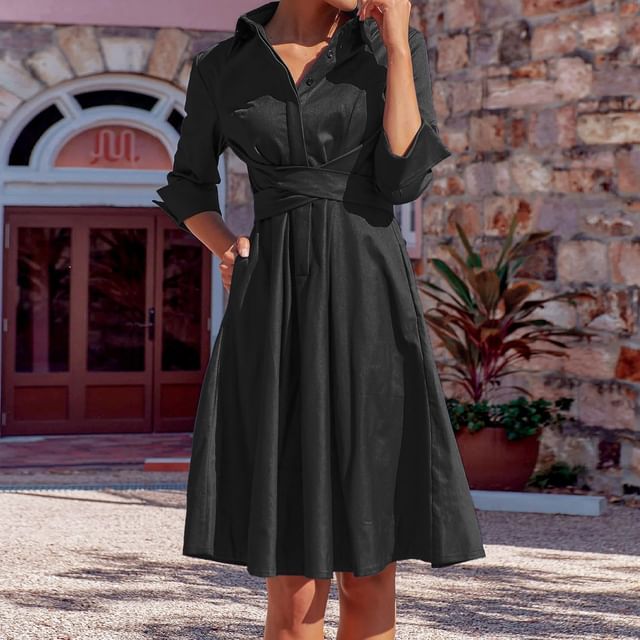 mikkoza - Long-Sleeve Plain Criss Cross Tie Back Half-Button A-Line Shirt  Dress | YesStyle