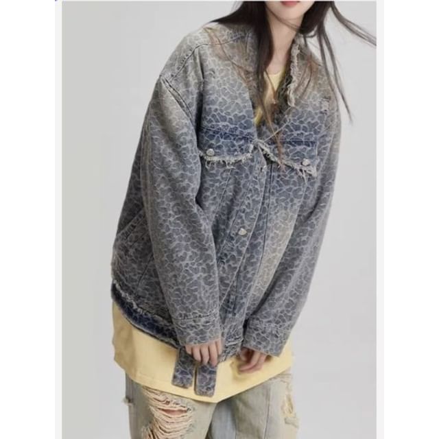 2DAWGS-Stand Collar Leopard Print Washed Frayed Button-Up Denim Jacket