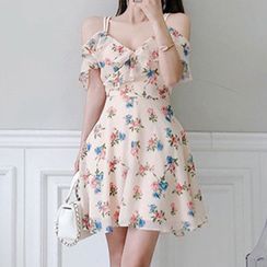 ISMY - Cold-Shoulder Flower Print Mini A-Line Dress