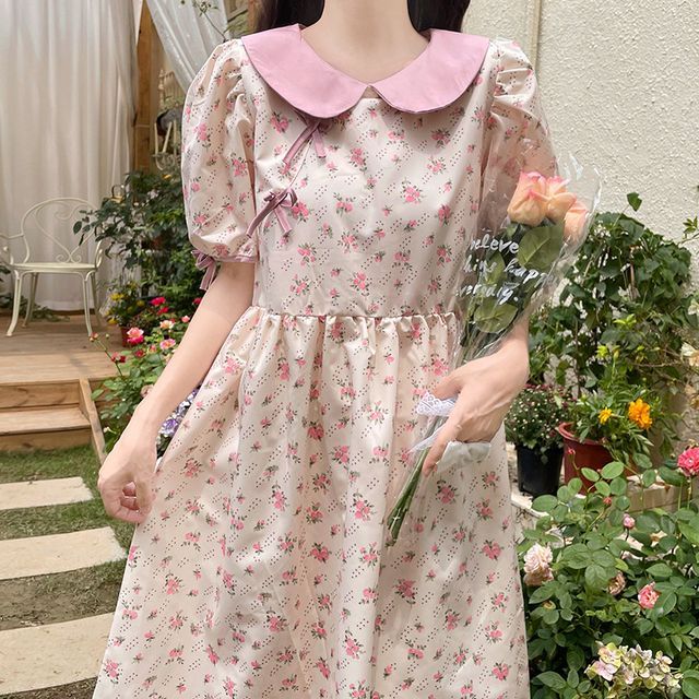 strapless open back dress Sweet Short Sleeve Chiffon Summer Dress Cute Peter Pan Collar Lolita OP  Dress by Strawberry Witch