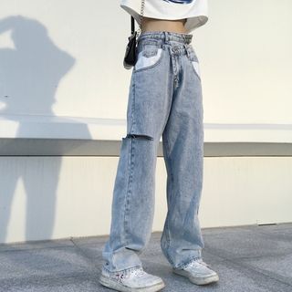 Asymmetric Waist Distressed Jeans 