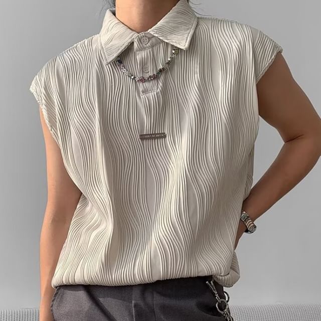 GRAYCIOUS-Cap-Sleeve Plain Collared Shirred Button-Up Shirt