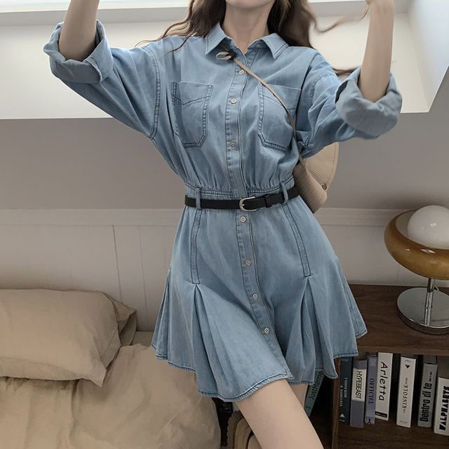 Guromo - Long-Sleeve Pleated Denim Mini A-Line Shirt Dress | YesStyle