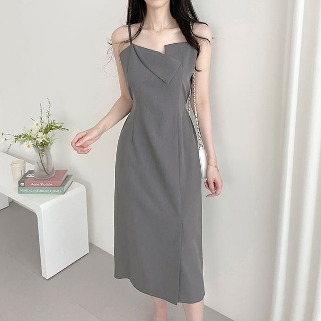Tulstrix-Spaghetti Strap Asymmetrical Neck Plain Midi A-Line Dress