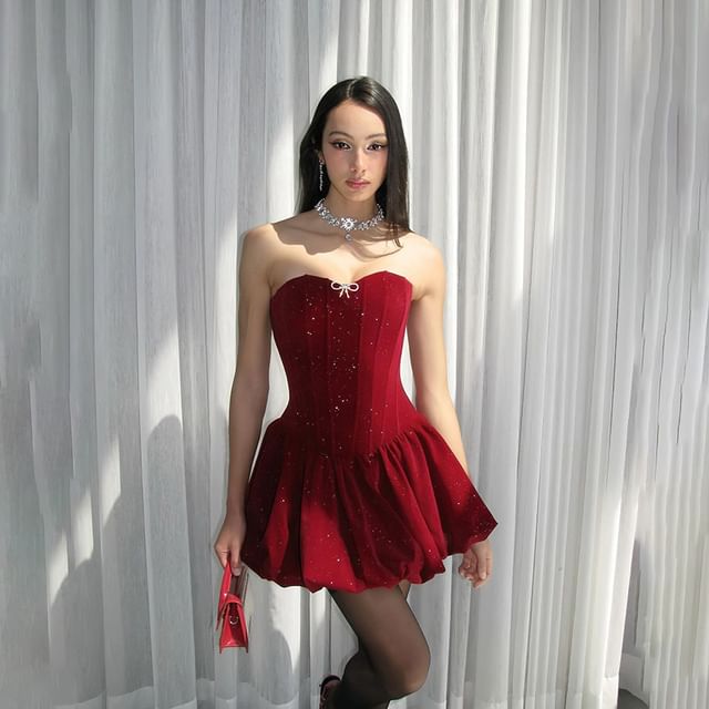 Lexama-Strapless Sweetheart Neck Plain Glitter Bubble Mini A-Line Dress