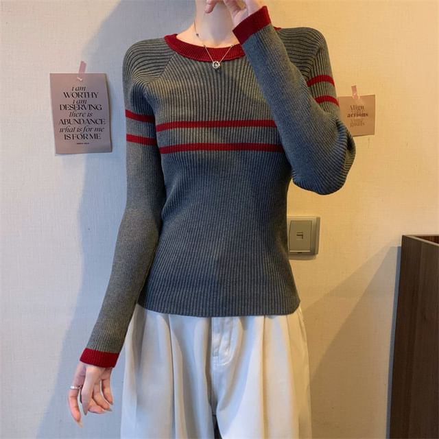 Allinya-Long-Sleeve Crew Neck Striped Ribbed Knit Top