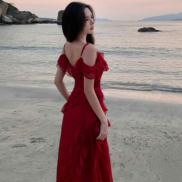 strapless open back dress Red Flutter Sleeve Ruffle Maxi Dress - For The Teacher