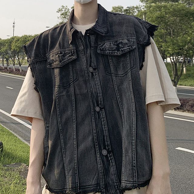 DragonRoad-Collared Washed Distressed Button Denim Vest