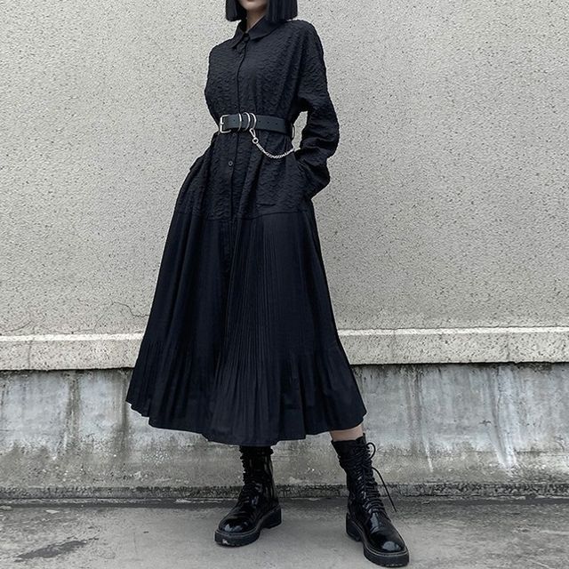 Jupisyo - Long Sleeve Oversized Pleated Shirt Dress | YesStyle