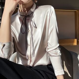 Gistinty Long Sleeve Stand Collar Plain Tie Front Button Up Satin Blouse