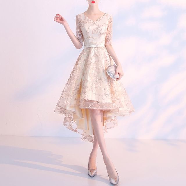 Mackizin - Elbow-Sleeve V-Neck Patterned A-Line Cocktail Dress | YesStyle
