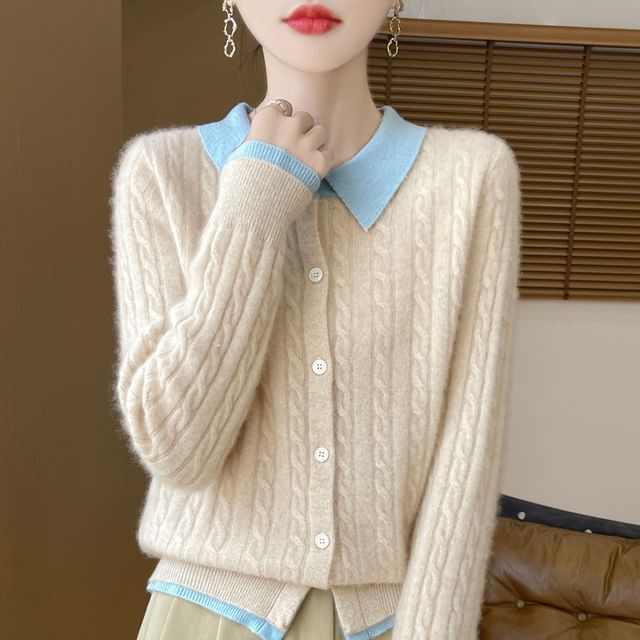 Weelop-Mock Two-Piece Collared Cable Knit Cardigan