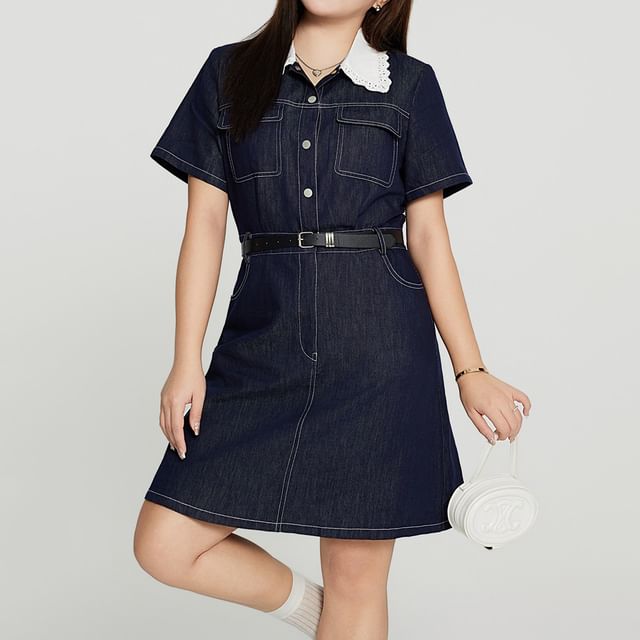 Telipino-Plus Size Short-Sleeve Contrast Collar Button-Up Mini Denim Shirtdress