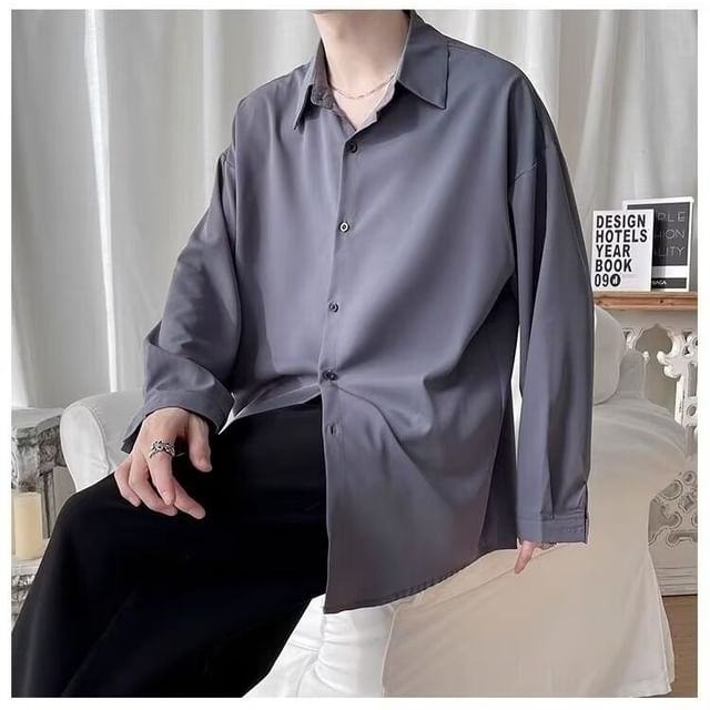 Bay Go Mall-Long-Sleeve Plain Button-Up Shirt
