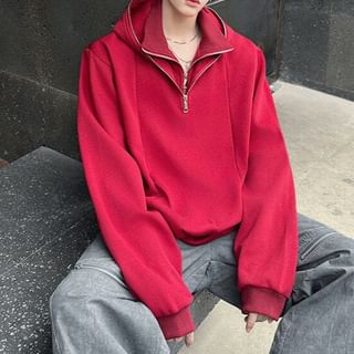 ravewider-Half-Zip Plain Mock Two-Piece Hoodie
