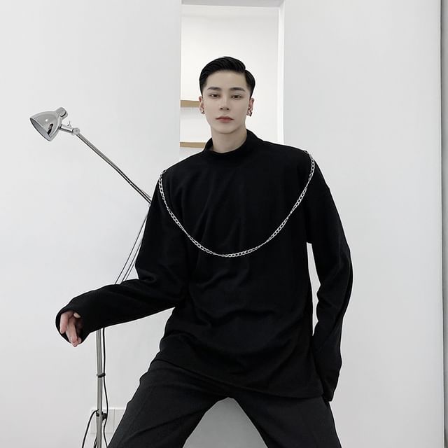Patow-Mock Neck Chained Plain Sweatshirt