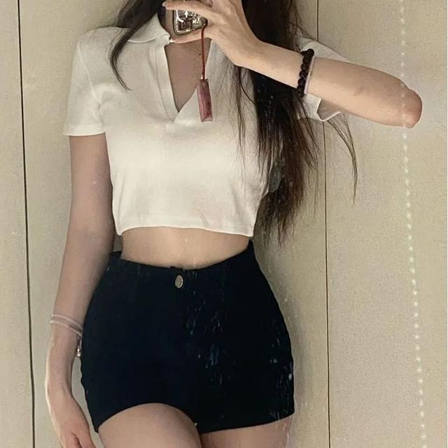 Yako-High Waist Plain Denim Shorts