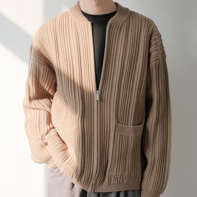 DAZO Studios-Crew Neck Plain Ribbed Knit Zip Up Cardigan