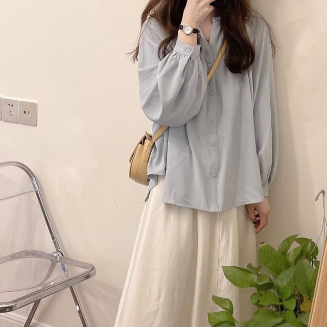Everose-Puff-Sleeve Plain Blouse