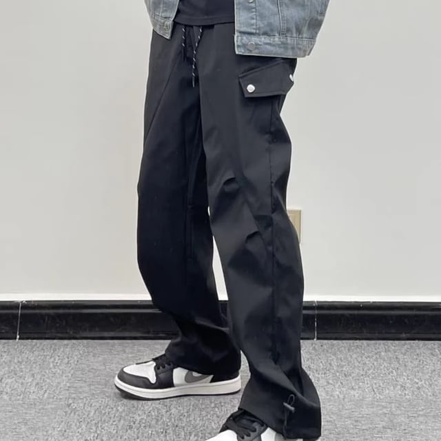 DragonRoad-Drawstring Waist Plain Straight Leg Cargo Pants