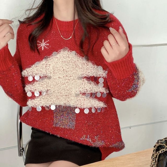 SHONN Christmas Tree Print Knit Sweater Green One Size