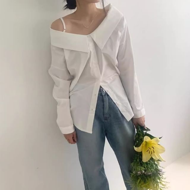 Tulstrix-Off Shoulder Long Sleeve Collared Plain Button Blouse