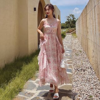 ★韓国人気★I AM MARI★COTIA FLOWER SHIRRING DRESS SINGREINY Women Chiffon Floral Long Dress Korean V Neck
