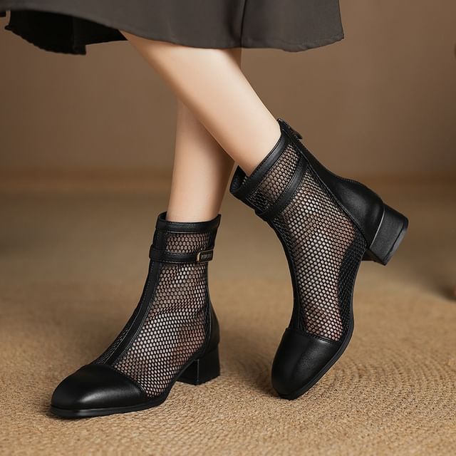 Cinnabelle-Chunky Heel Mesh Panel Zip-Up Short Boots